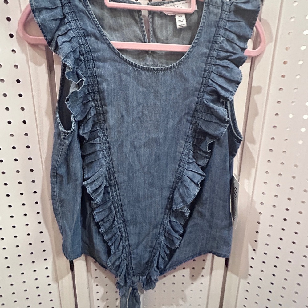 M.B. Blue Chambray Ruffled Sleeveless Tie Front Blouse Top P/S